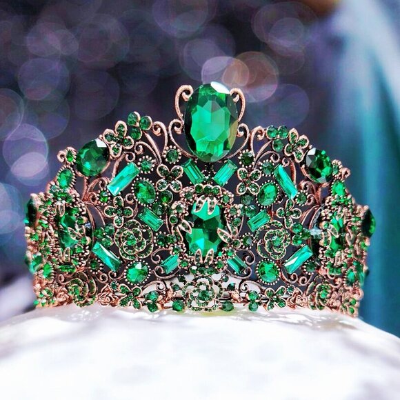 Vintage Handmade Crown, Emerald Crystal Crown, Victorian Tiara, Copper Crown main image 4
